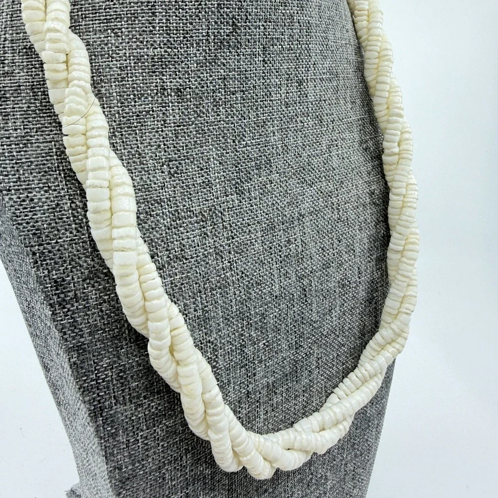 White Puka Shell Heishi Bead Necklace Triple Strand Twisted Boho Coastal Beach